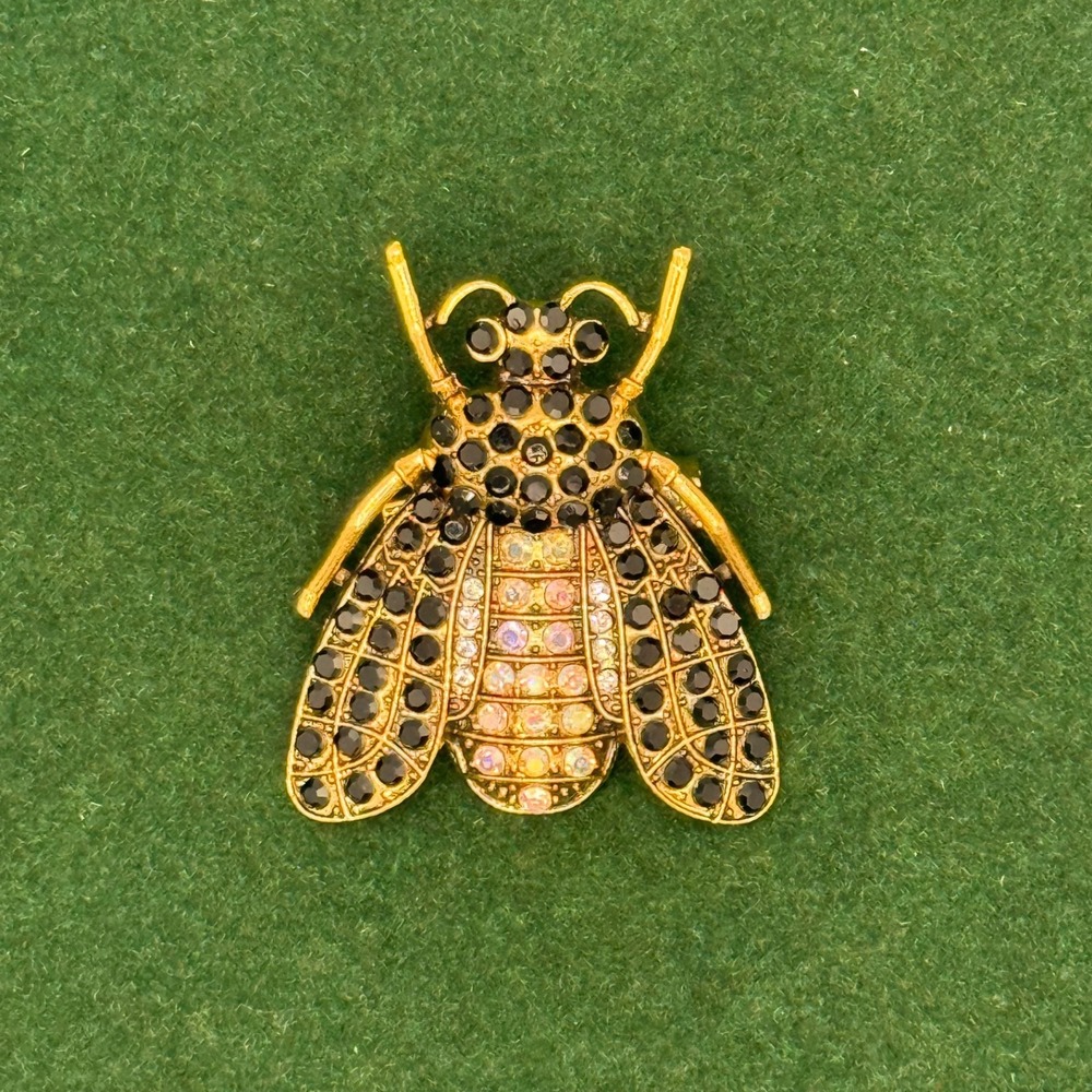 Rhinestone Bee Brooch Heavy Crystal Pin Gold Tone Costume Jewelry 1.75" - Black